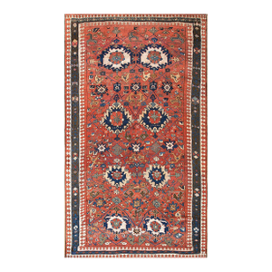 Masterly Handmade Red Background With Brown Border Medallion-Crest Design Antique Persian Rug