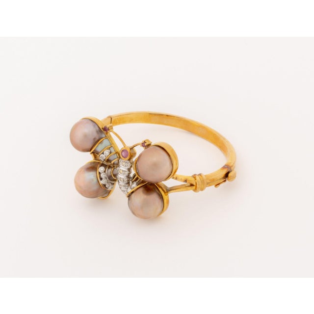 18k Rose Gold, Diamond, Ruby, and Pearl Butterfly-Form Bangle For Sale - Image 4 of 8