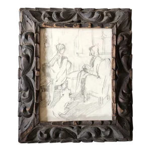 1970’s Vintage Original Charcoal Interior With Figures & Dog Drawing Ornate Vintage Frame