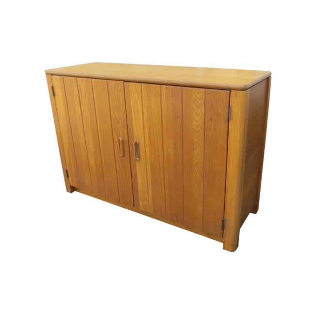 Mid-Century Modern Vintage Compact Oak Liquor Cabinet or Petite Sideboard With Rattan For Sale - Image 3 of 12
