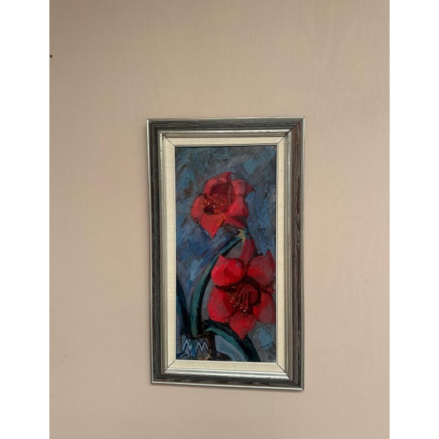 Original Swedish Oil on Canvas – “Red Flowers” by Bertil Wahlberg – Signed – 86 × 50 cm (33.9" × 19.7") incl. frame An oil...