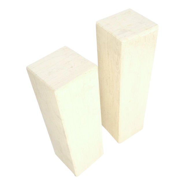 Mid-Century Modern Square Beveled Tall Travertine Marble Pedestals End Tables For Sale