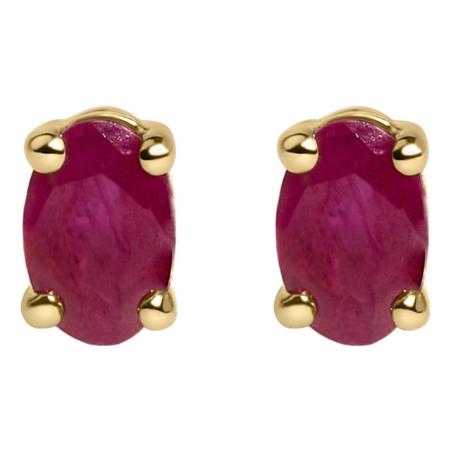 14K Yellow Gold 5x3 MM Oval Red Ruby Solitaire Stud Earrings For Sale
