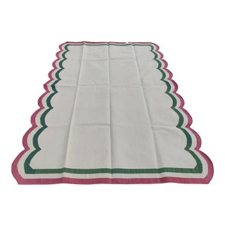 Handmade Cotton Vegetable Dyed Scalloped Edge Rug Cream With Green and Raspberry Pink Border - 6x9 For Sale