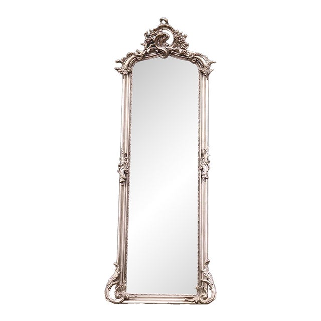 1980 European Baroque Silver Wood Floor Mirror For Sale