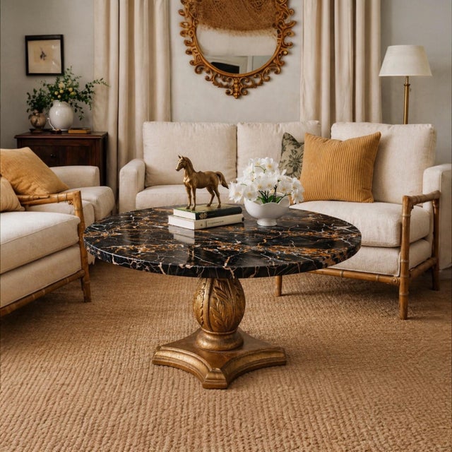 Mid-Century Modern Vintage Black & Gold Marble Coffee Table With Gilt Pedestal Base – Hollywood Regency / MCM For Sale - Image 3 of 5