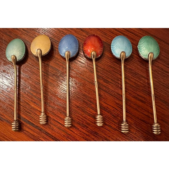 Art Deco Antique English Art Deco Espresso Demitasse Tea Spoons of Gilt & Enamel For Sale - Image 3 of 7