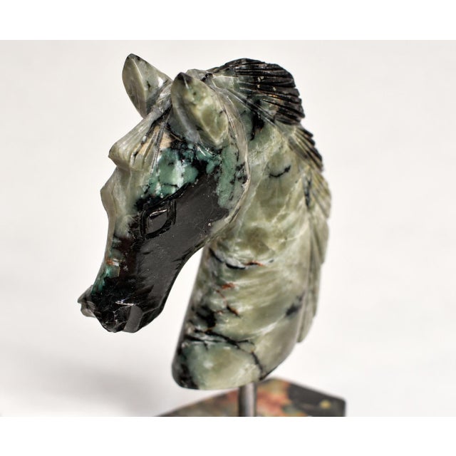 Gemstone Emerald Horse Bust Sculpture Olive Black Hand Carved For Sale - Image 11 of 11