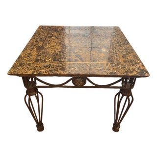 Brown Marble Top Side Table With Brass Inlay Banding on Scrolled Iron Base For Sale