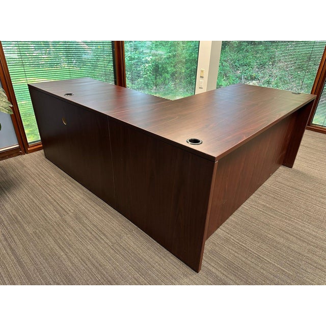 Traditional L-Shaped Executive Office Desk With Drawers For Sale - Image 3 of 6