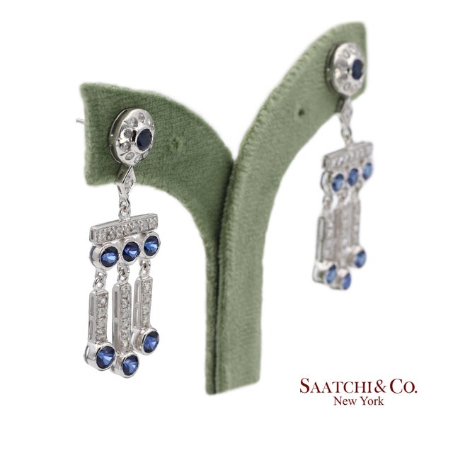 14K Vintage White Gold Diamond and Blue Sapphire Earrings Metal Type: 14K White Gold Total Item Weight: 8.9 Grams Length:...