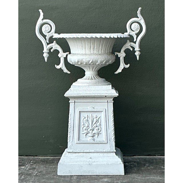 Vintage Regency Painted Wrought Iron Urn on Pedestal For Sale - Image 9 of 12
