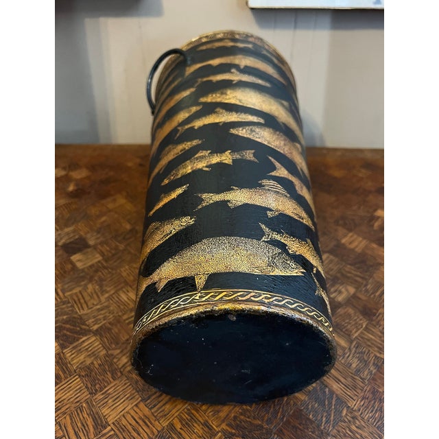 Vintage English Planter Jardiniere Urn Fish Decoupage Black Tole Lodge Décor For Sale - Image 18 of 18