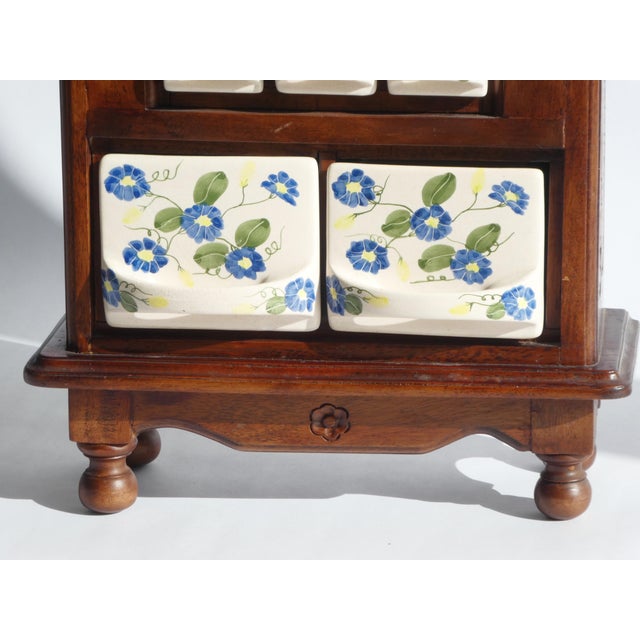 1950s Antique Dutch Farmhouse Wooden Ceramic Floral Spice Cabinet, 1950s For Sale - Image 5 of 14