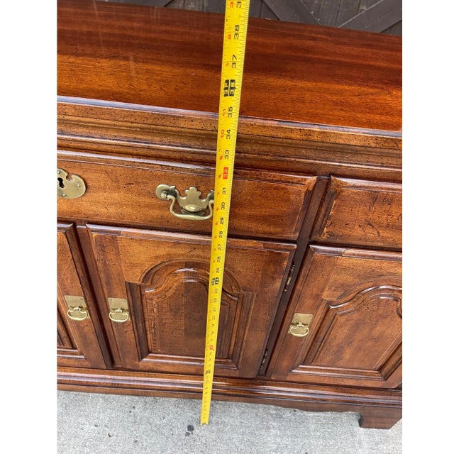 Vintage Cherry Wood Sideboard With Brass Handles and Pulls Linned Drawers For Sale - Image 10 of 12