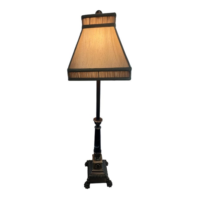 Maitland Smith Table Lamp With Marble Shaft and Silk Pleated Shade For Sale