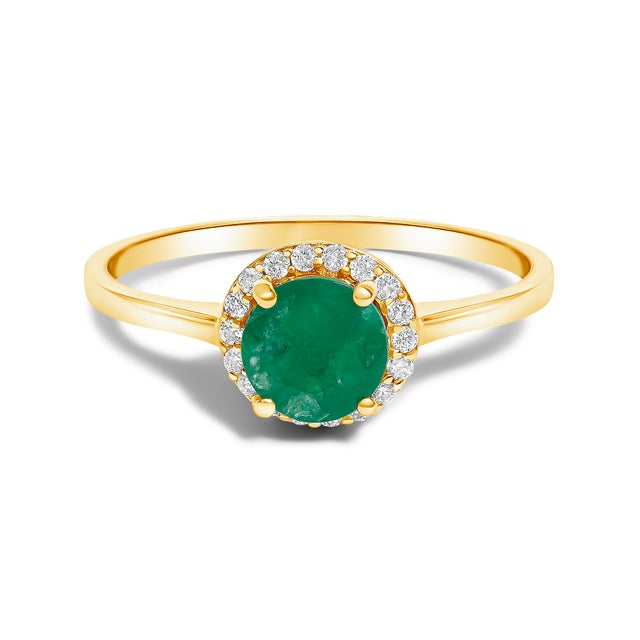 Contemporary 10K Yellow Gold Green Emerald and 3/8 Cttw Diamond Halo Jewelry Set (Earrings, Pendant & Ring) For Sale - Image 3 of 6