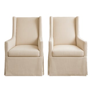 Pair of Restoration Hardware Ames Slipcovered Wingback Chairs in Ivory Linen For Sale