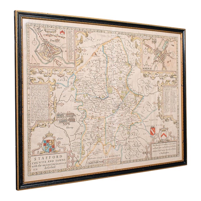 Antique Stafford County Map, English, Atlas Engraving, 17th Century, Cartography For Sale