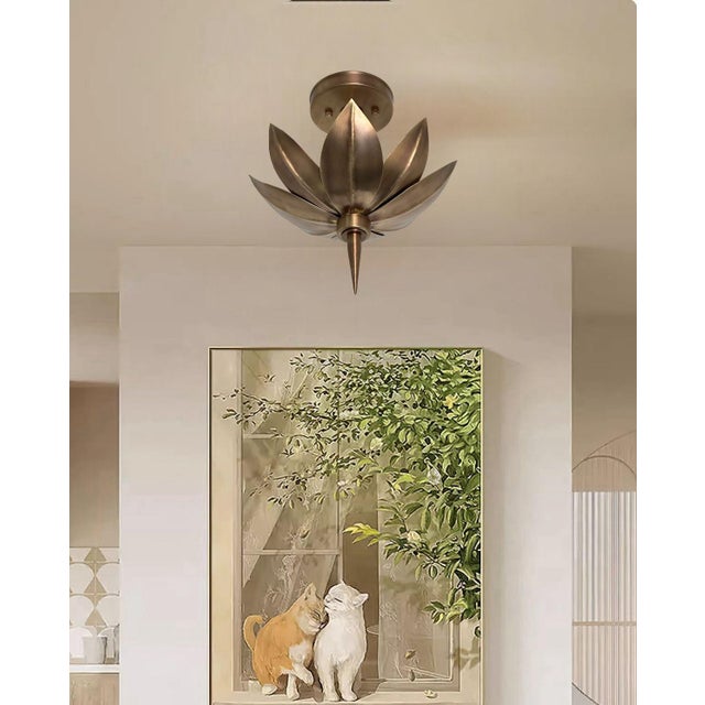 Mid-Century Modern Boho Lotus Style Polish Handmade Brass Flush Mount For Sale - Image 3 of 11