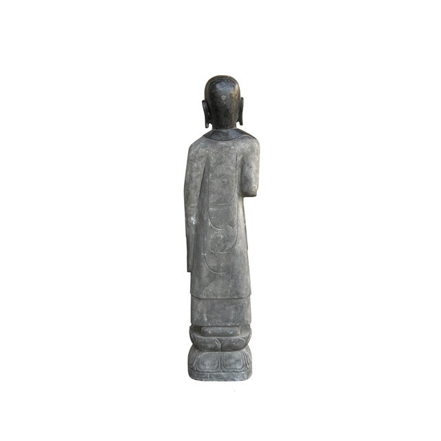 Chinese Chinese Weathered Black Gray Patina Stone Standing Monk Luohan Arhat Statue For Sale - Image 3 of 13