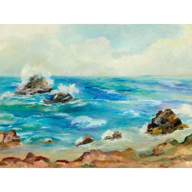 Beautiful Monterey seascape in vivid blues by California artist T. Samantha Cook (American, 20th Century). Signed and...