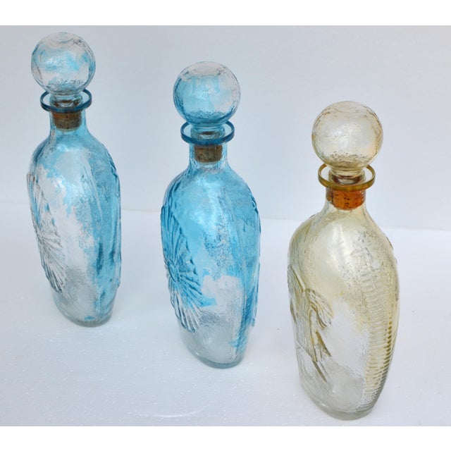 Royal Blue Mid-20th Century American Blown Glass Flasks Decanter Bottles Friendship Horn of Plenty Blue Amber - Set of 3 For Sale - Image 8 of 18