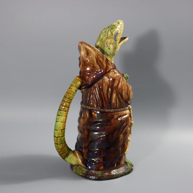 Ceramic Portuguese Cunha Palissy Majolica Anthropomorphic Lizard Monk Jug For Sale - Image 7 of 12