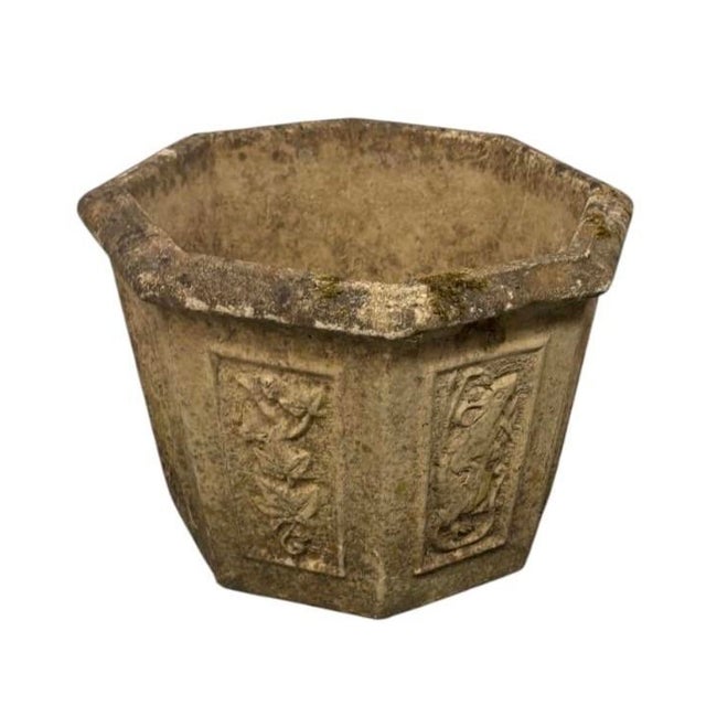 Stone Pair of Vintage Hexagonal Cast Stone Garden Planters With Relief Wildlife Panels For Sale - Image 7 of 12