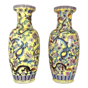 Large Vintage Famille Jaune Chinese Imperial Yellow Porcelain Floor Vases With Five Clawed Dragons, a Pair 25"