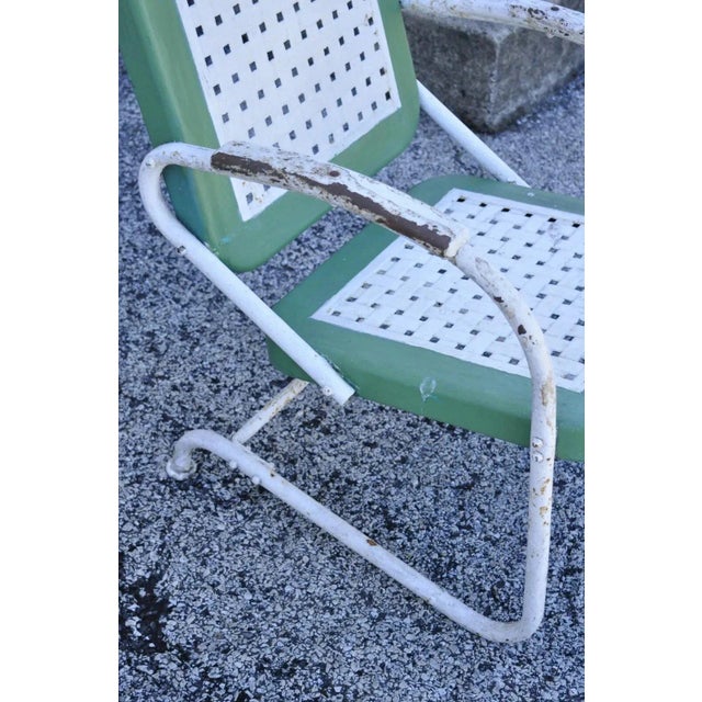 Mid 20th Century Art Deco Metal Basketweave Old Green White Porch Outdoor Spring Arm Chair For Sale - Image 9 of 10