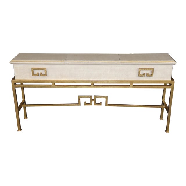 Creme Narrow Depth Finished Gilded Iron Hollywood Regency Style Console Table For Sale