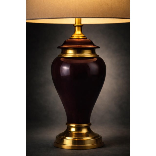 Hollywood Regency Hollywood Regency Eggplant & Brass Table Lamp With New 17” Shade For Sale - Image 3 of 12