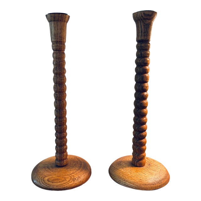 Pair Antique 11" Bobbin Turned Oak Candlesticks For Sale
