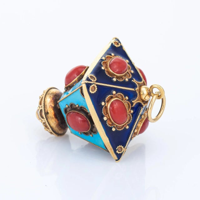 Modern Vintage Lantern Charm Enamel Coral 18k Yellow Gold Large Pendant Estate Jewellery For Sale - Image 3 of 4