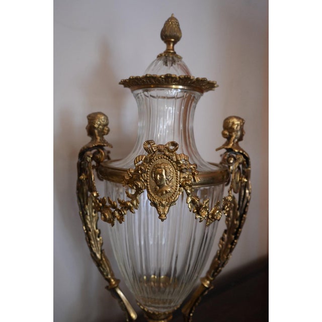 Antique Signed French Gilt Bronze Mounted Diamond Cut Baccarat Crystal Urns - Pair For Sale - Image 9 of 12