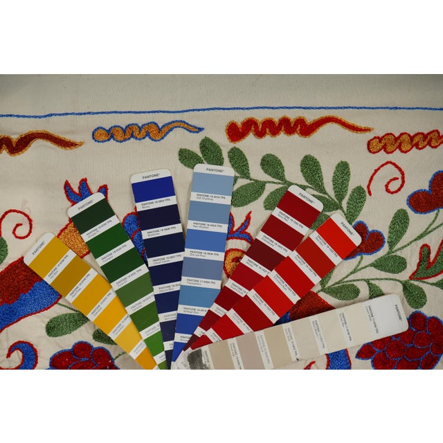 Uzbek Suzani Embroidery | Colorful Bird & Floral Motif Wall Tapestry Art 1'4'' X 3'1'' For Sale - Image 10 of 10