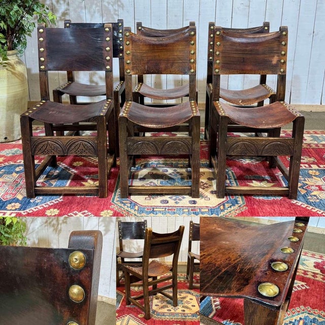 Set of 6 English chairs in oak and leather, late 19th century (1 seat has a leather defect) - W=44cm D=43cm H=90cm AH=45cm