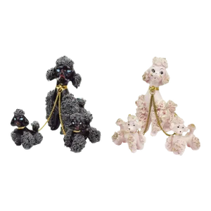 Mid 20th Century Hand Painted Black and Pink Poodle Dog With Poppies Figurines- Set of 2