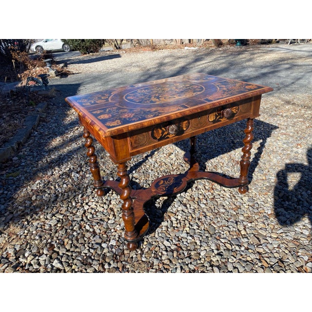 William and Mary Marquetry inlayed One Drawer Table. Barley Twist Legs,Oyster Walnut Veneers,Carved Walnut Handles. Rare...
