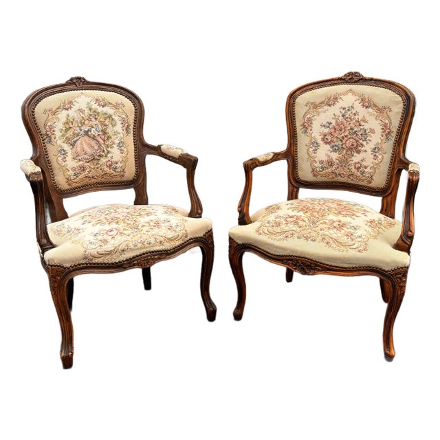 Early 20th Century French Walnut Needlepoint Arm Chairs- A Pair For Sale