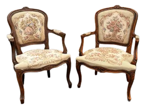 Early 20th Century French Walnut Needlepoint Arm Chairs- A Pair