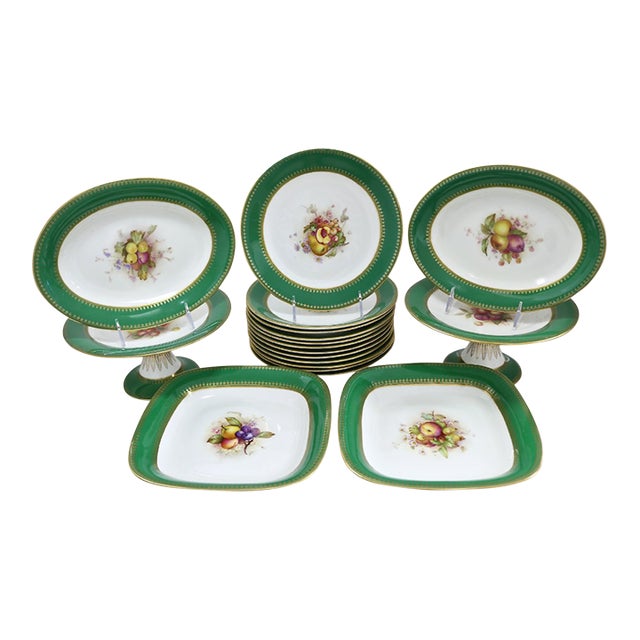 Early 1900s Royal Worcester Green & Gilt Dessert Service, 18 Pieces For Sale