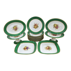Early 1900s Royal Worcester Green & Gilt Dessert Service, 18 Pieces