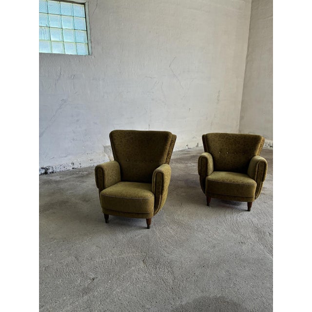 Pair of 1930-1940 lounges chairs. a highback and a lowback Highback size (hight 92cm width 80cm depth 92cm) lowback size...