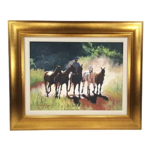 Oil Painting Five Horses by Virginia k.c. Peake Noted Ct Artist 2001 Framed