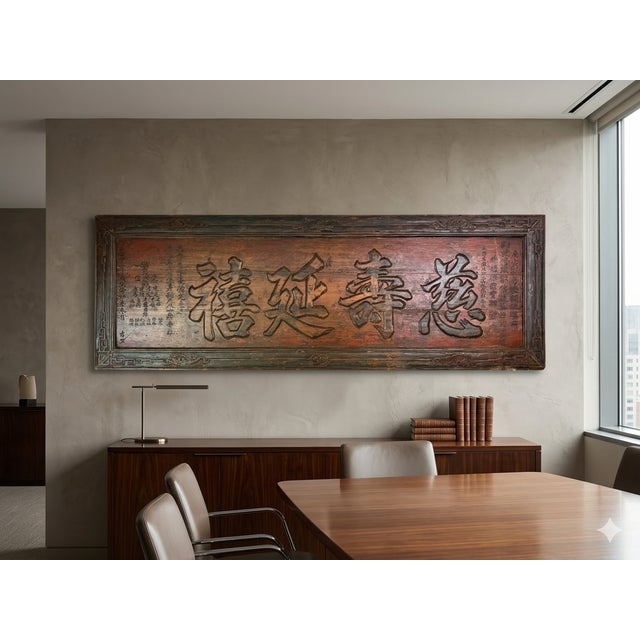 Wood Vintage Chinese Characters Wood Praise Wall Wood Plaque For Sale - Image 7 of 9