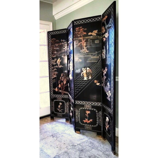 Wood Chinese Export Four Panel Carved Soapstone Coromandel Screen For Sale - Image 7 of 9