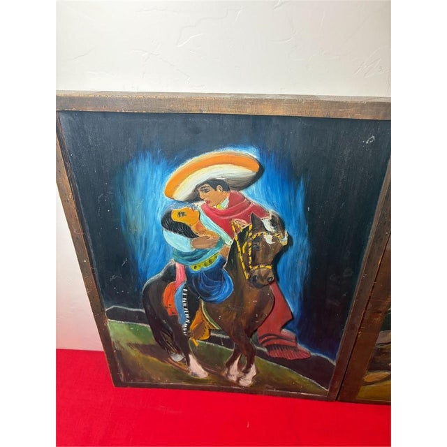 Description A striking mid‑century Mexican folk art pair, hand‑carved and painted with vivid Charro and Serenade motifs —...