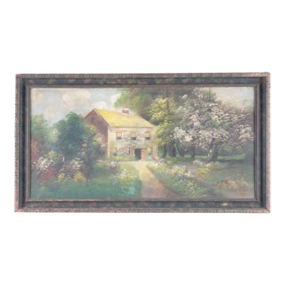 Early 20th Century Antique Cottage Original Oil Painting on Canvas For Sale